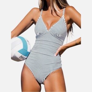 Navy and White Nautical Striped One-Piece Swimsuit